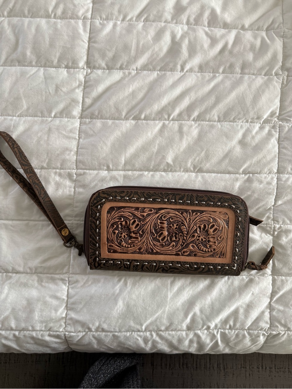Womenβs Tooled Leather Wristlet Wallet - Brown/Tan